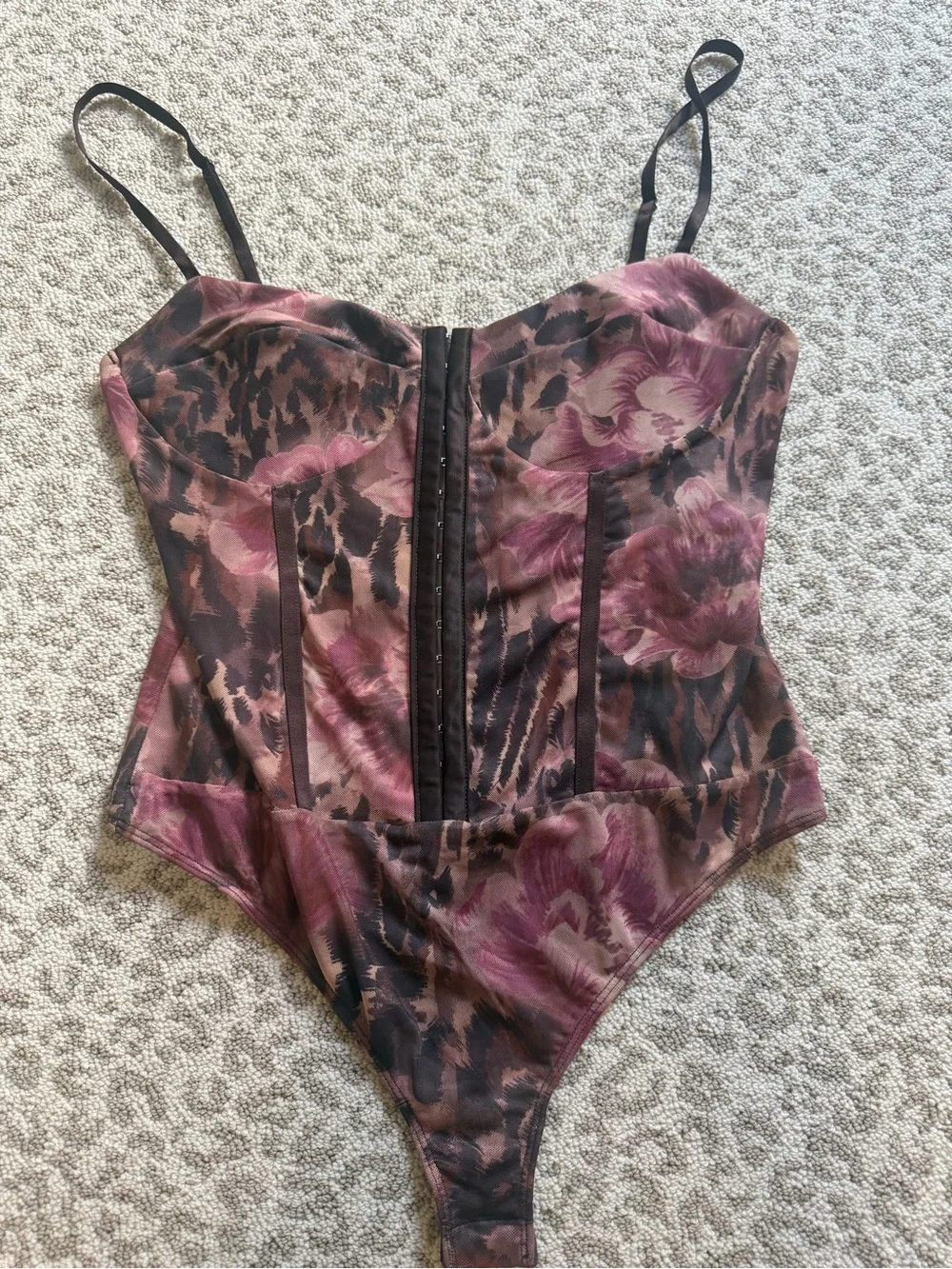 Intimately Free People Floral Mesh Corset Bodysuit Lg Leopard Print